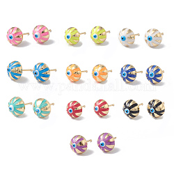 Enamel Half Round with Evil Eye Stud Earrings, Real 18K Gold Plated Brass Jewelry for Women, Mixed Color, 6x10x6mm, Pin: 1mm