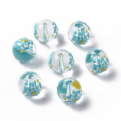Perles en verre transparentes, avec l'émail, ronde, bleu ciel, motif de fleur, 11.5~12x11mm, Trou: 1.5~1.6mm