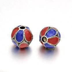 Colorful Round Brass Enamel Beads, Antique Silver, 10x10.5mm, Hole: 2.5mm