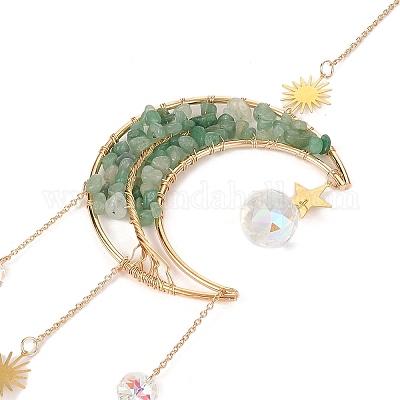 Обернутая проволокой натуральная зеленая авантюриновая луна с подвесками в виде дерева жизни&nbsp;HJEW-K046-07G-04-1