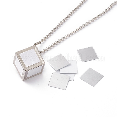 Sublimation Blank Aluminum Pendant Necklace, Alloy Blank Photo Picture Cube Pendant Necklace for Men Women, Platinum, 28.15 inch