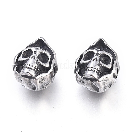 PandaHall Perline Teschio In Acciaio Inox 304 | 10 Pezzi 14mm | Colore Argento Antico Per Bigiotteria Fai Da Te - 2