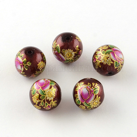 Rose Flower Pattern Printed Round Glass Beads GFB-R005-10mm-D04-1