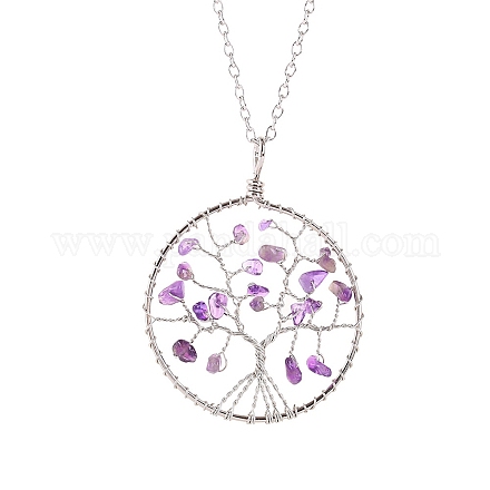 Halsketten mit Baum-des-Lebens-Anhänger und Perlen aus natürlichen Rosenquarzsplittern PW-WG63202-03-1