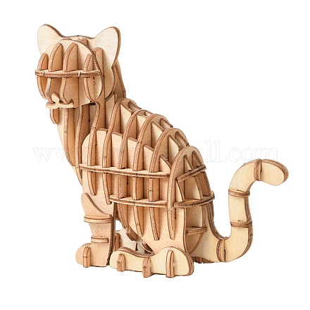 男の子と女の子向けの猫 DIY 木製組み立て動物おもちゃキット  子供のための3dパズルモデル  子供の知性のおもちゃ  小麦  25.5x17.5cm WOCR-PW0007-04-1