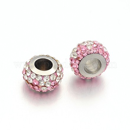 Perles européennes rondelles belles en 304 acier inoxydable avec grand trou et strass pavé en pâte polymère de deux ton CPDL-N008-01F-1