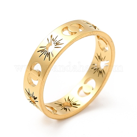 女性用ステンレス製指輪304個  太陽と月の輪をくり抜く  ゴールドカラー  5mm  内径：usサイズ7 1/4（17.5mm） RJEW-M013-01G-1