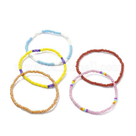 5 set di braccialetti elastici con perline di semi di vetro a 5 colori BJEW-JB09629-1