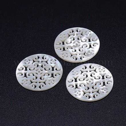 Hollow Natural White Shell Flat Round Pendants SSHEL-P004-27-1