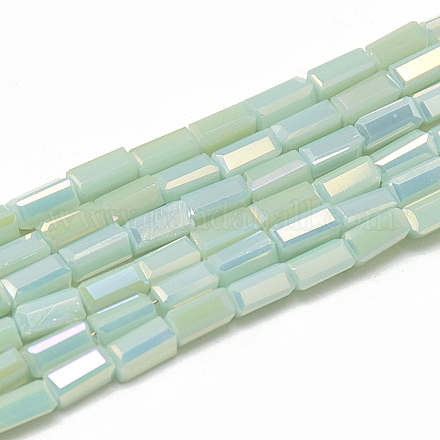 電気メッキガラスビーズセット  虹メッキ  模造翡翠ガラス  多面カット直方体  淡いターコイズ  4.5x2.5x2.5mm  穴：0.7mm  約100個/連  18.11インチ X-EGLA-Q101-B07-1