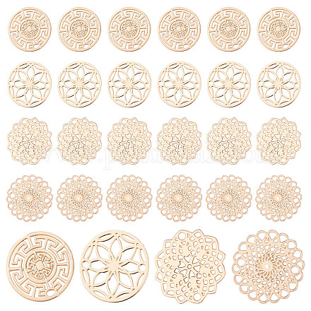 CHGCRAFT 96Pcs 4 Style Filigree Flat Round Connectors Flower Filigree Wrap Charms Brass Etched Metal Embellishments Long-Lasting Plated for Jewelry Making KKC-CA0001-05-1
