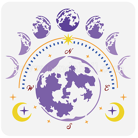 FINGERINSPIRE Moon Phase Stencil 11.8x11.8inch Reusable Moon Compass Drawing Template DIY Art Cosmos Infinity Moon Star Patten Stencil for Painting on Wall DIY-WH0391-0117-1