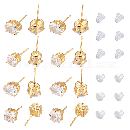 BENECREAT 12 Pairs 4 Style 18K Gold Plated Cubic Zirconia Stud Earrings EJEW-BC0001-01-1