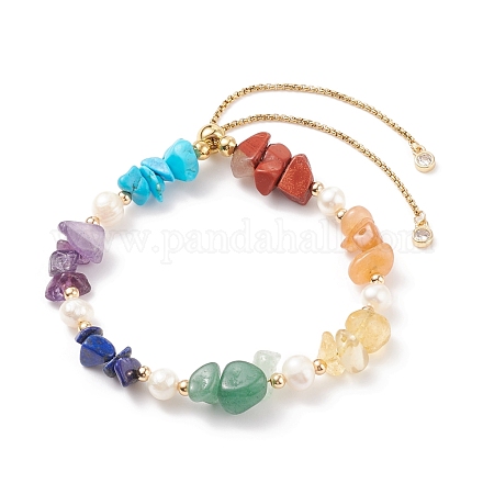 Natural Mixed Gemstone Chips Beaded Silder Bracelet with Pearl BJEW-JB08326-1