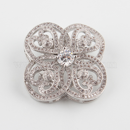 Flower Brass Micro Pave Clear Cubic Zirconia Brooches ZIRC-P003-15-1