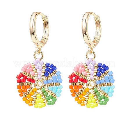 Orecchini a cerchio pendenti con fiore intrecciato di semi giapponesi color arcobaleno EJEW-MZ00003-1
