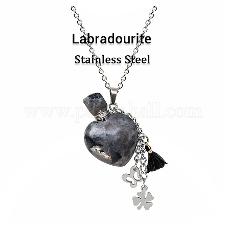 Ожерелье с подвеской в виде капли духов из натурального лабрадорита с цветком бабочки из нержавеющей стали и подвесками-кисточками случайного цвета BOTT-PW0002-069H-1