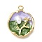 Alloy Enamel Pendants, with ABS Imitation Pearl, Flat Round with Flower, Rack Plating, Long-Lasting Plated, Lead Free & Cadmium Free & Nickel Free, Golden, Lilac, 23.5x19x5.5mm, Hole: 1.8mm