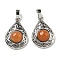 Natural Red Aventurine Pendants, Rack Plating Brass Hollow Teardrop Charms, Cadmium Free & Lead Free, Platinum, 29.5x19.5x7.5mm, Hole: 7.5x5mm