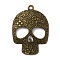 Etching Tibetan Style Zinc Alloy Big Pendants, Skull with Flower, Antique Bronze, 66x48x3mm, Hole: 4mm