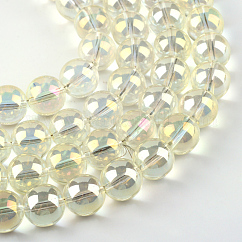 Abalorios de vidrio electroplate hebras, arco iris chapado, redondo, amarillo vara de oro claro, 7.5x8.5mm, agujero: 1 mm, aproximamente 100~104 pcs / cadena, 70~74 cm