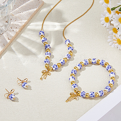 Orecchini pendenti con perline in porcellana stampate a fiori e fiocco in ottone&nbsp;SJEW-DC00004