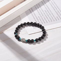 Bracelet extensible en bois naturel et turquoise synthétique (teint) avec alliage 3d bouddha&nbsp;BJEW-JB08209