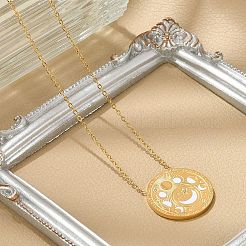 Ожерелья с плоским круглым кулоном из нержавеющей стали 304 с прозрачным кубическим цирконием и фазами Луны&nbsp;LS-NJEW-R018-03G