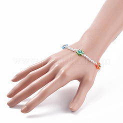 Bracciale elasticizzato con fiore di perline di vetro bling&nbsp;BJEW-TA00070