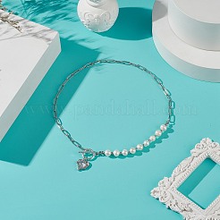 Collana con pendente a cuore in zirconia cubica trasparente con perle naturali in rilievo&nbsp;NJEW-TA00048