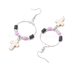 Orecchini pendenti da donna con croce di turchese sintetico e argilla polimerica&nbsp;EJEW-JE05893-02