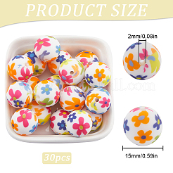 30 шт. круглые силиконовые бусины с цветочным узором&nbsp;SIL-SC0002-03B