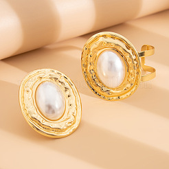 Conjuntos de brazaletes y anillos ovalados de hierro y perlas de imitación para mujer.&nbsp;WGBFE6E-01