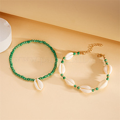 Bracelets de cheville extensibles à double couche en coquillage cauri naturel de style bohème et perles de verre pour femmes&nbsp;FS-WGC801A-06