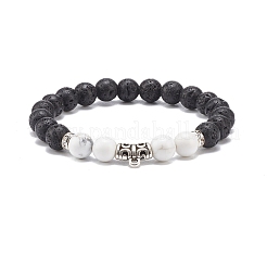 2 pièces 2 styles de bracelets extensibles en howlite naturelle et œil de tigre et roche de lave avec tube en alliage&nbsp;BJEW-JB08474