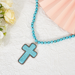 Сплав паве окрашенный синтетический бирюзовый крест кулон 8 мм круглые бусины ожерелья для женщин&nbsp;NJEW-WH20816-005AS