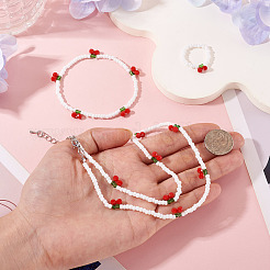 Halsketten & Armband & Fingerring-Sets aus Kirschglasperlen für Damen&nbsp;SJEW-TA0001-08
