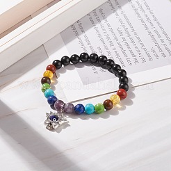 Bracelet extensible en perles rondes en bois naturel et pierres précieuses mélangées&nbsp;BJEW-JB08207
