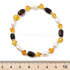 Pulseras elásticas con cuentas de ámbar natural y perlas cultivadas de agua dulce para mujer&nbsp;BJEW-JB13699-01