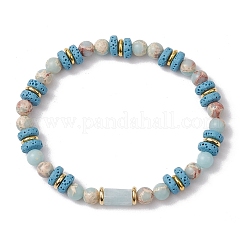 Braccialetti elastici in pietra lavica naturale e diaspro sintetico acqua terra e perle di acquamarina naturale&nbsp;BJEW-JB11666-03