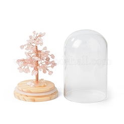 Arbre d'argent de puces de quartz rose naturel dans des cloches en verre de dôme avec des décorations d'affichage de base en bois&nbsp;DJEW-B007-04B