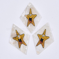 Pendentifs coquillage capiz imprimés, imprimé sur une seule face, losange avec étoile de mer / étoiles de mer, colorées, 48~49.5x29.5~30.5x1mm, Trou: 1.6mm