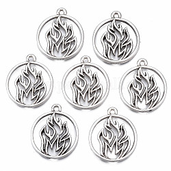 Tibetan Style Alloy Pendants, Cadmium Free & Nickel Free & Lead Free, Flat Round with Flame, Thailand Sterling Silver Plated, 23x20x2mm, Hole: 1.6mm