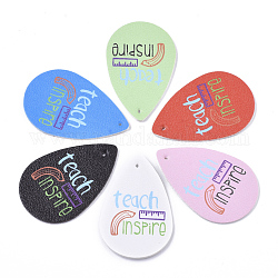 PU Leather Big Pendants for Teachers' Day, teardrop, with Word Teach Inspire, Mixed Color, 58x37.5x2mm, Hole: 1.5mm