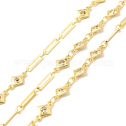 Rack Plating Brass Rhombus & Oval Link Chains, with Clear Cubic Zirconia, Long-Lasting Plated, Soldered, with Spool, Cadmium Free & Lead Free, Golden, 10.5x6.5x1.5mm, 10x2x0.5mm