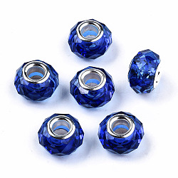 Résine transparente perles européennes, cristal d'imitation, Perles avec un grand trou   , laiton avec ton argent noyaux doubles, facette, rondelle, bleu, 14x9.5mm, Trou: 5mm