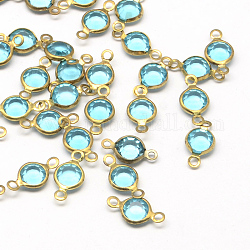 Brass Glass Links/Connectors, Faceted Flat Round, Raw(Unplated), Aqua, 13x6~7x3mm, Hole: 2mm
