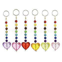 Акриловые брелки в форме сердца, с бусинами из натуральных и синтетических драгоценных камней чакры и железным кольцом для ключей, разноцветные, 13.1 см