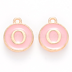 Golden Plated Alloy Enamel Charms, Cadmium Free & Lead Free, Enamelled Sequins, Flat Round with Letter, Pink, Letter.O, 14x12x2mm, Hole: 1.5mm