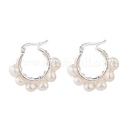 Boucles d'oreilles créoles perlées enveloppées de fil de perles naturelles pour femmes, couleur d'argent, blanc, 28x30x8mm, pin: 0.8 mm